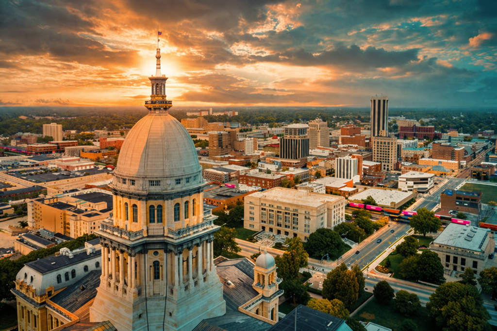 Aerial drone photo of Springfield Illinois downtown and Capitol building