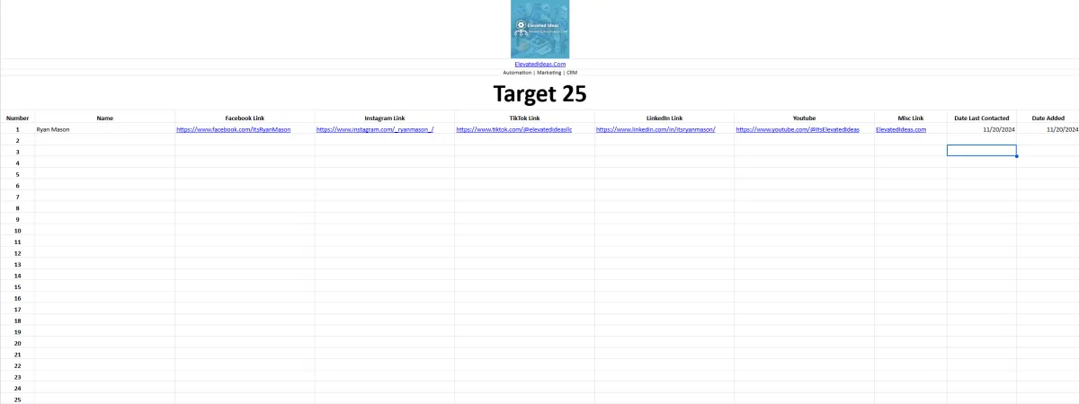 Target 25 Spreadsheet Template