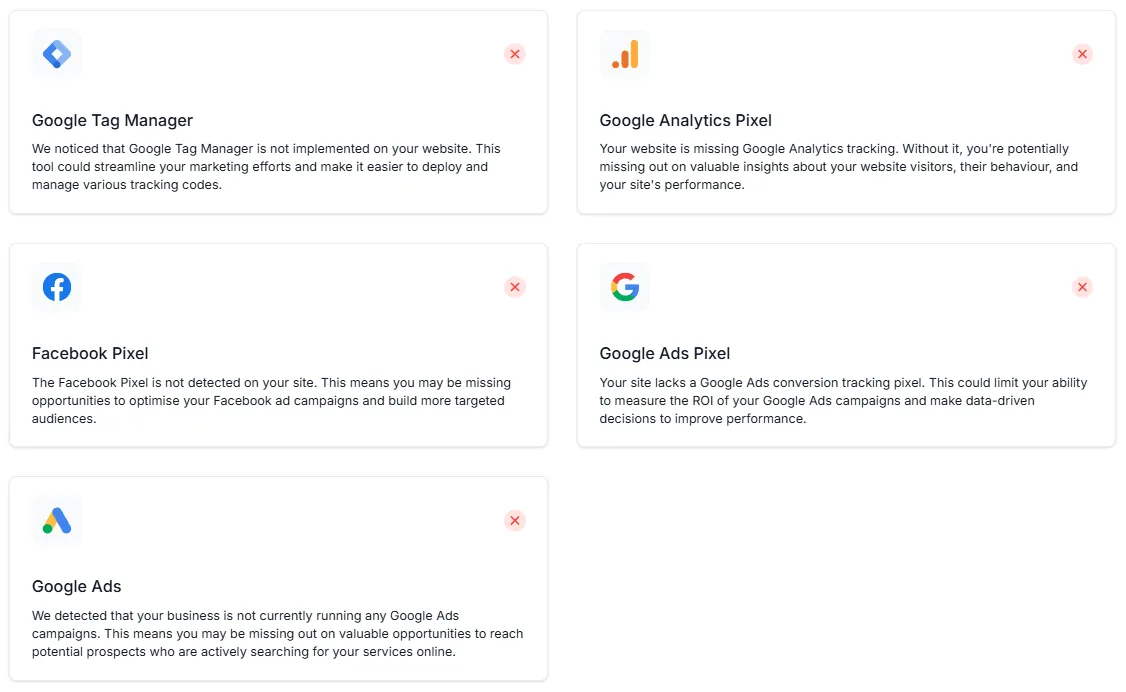 Marketing audit tech stack analysis showing analytics and tracking tools