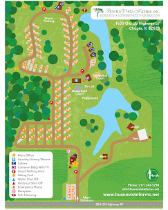 Buena Vista Farms campground site map showing main office, laundry, common building, RV sites, playground, and entrance