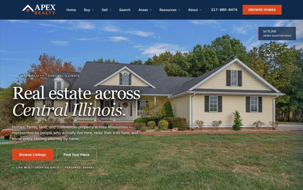 Apex Realty real estate website homepage with a live MLS featured listing, designed by Elevated Ideas