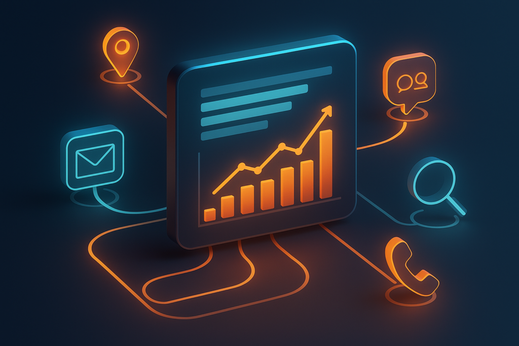 Marketing attribution tracking dashboard connecting Google Business Profile, UTM links and GA4 to a single leads-by-channel report