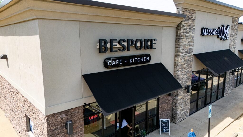 Aerial drone photo of Bespoke Cafe + Kitchen storefront on Wabash Ave in Springfield, IL