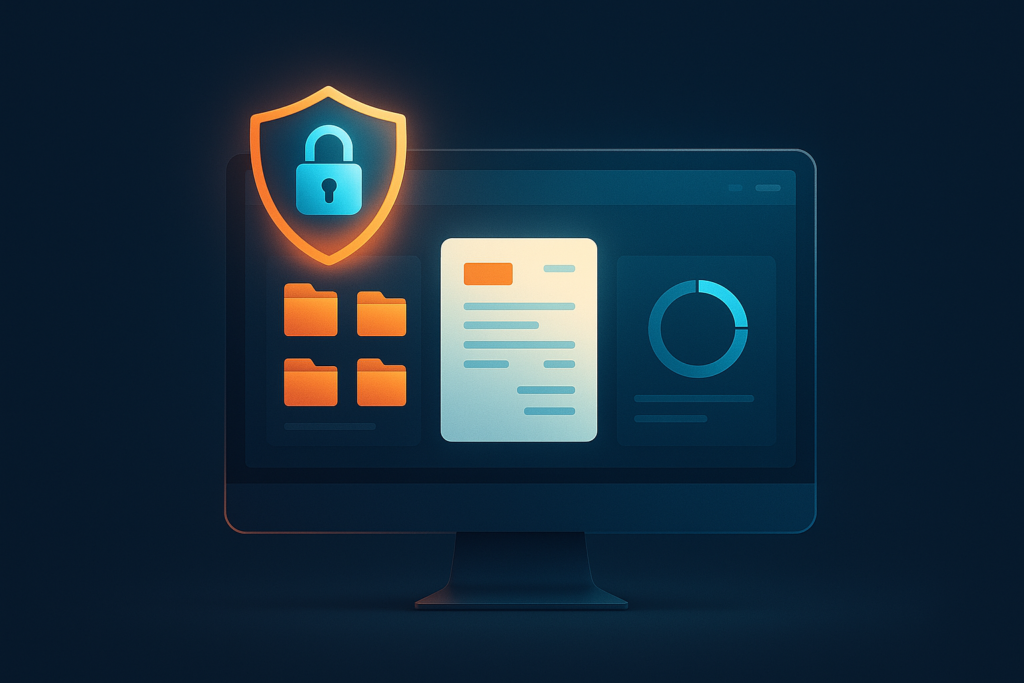 Secure WordPress client portal dashboard with documents, invoices, and a padlock shield