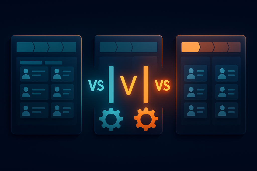 Three CRM software platforms compared head to head with pipelines and comparison bars
