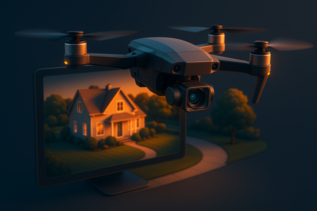 Drone capturing an aerial photo of a real estate property