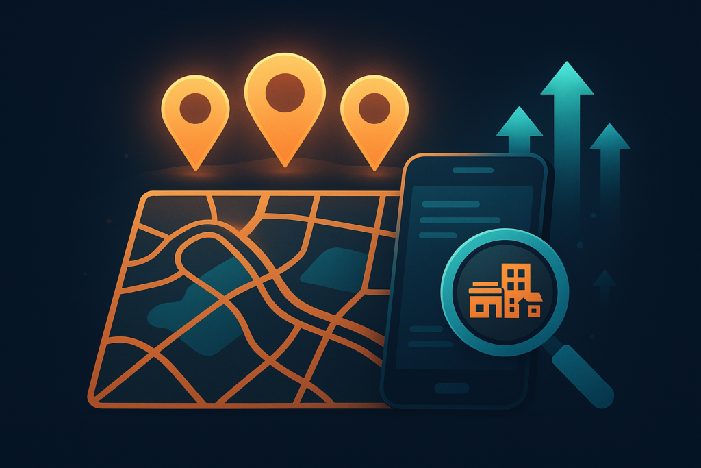 Local map with three glowing location pins representing the Google Map Pack three-pack