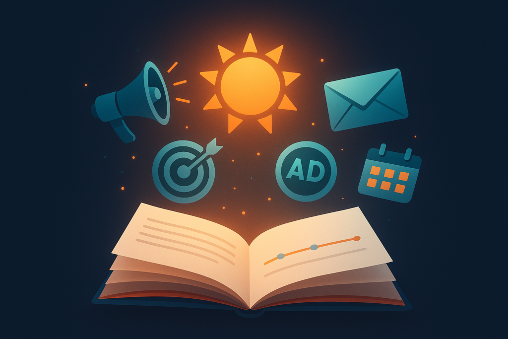 Summer marketing playbook radiating campaign icons with a glowing sun motif