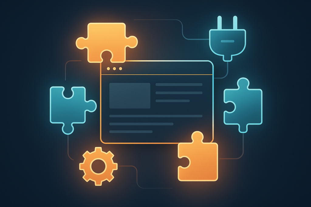 Modular plugin blocks and puzzle pieces assembling around a website, representing WordPress plugins