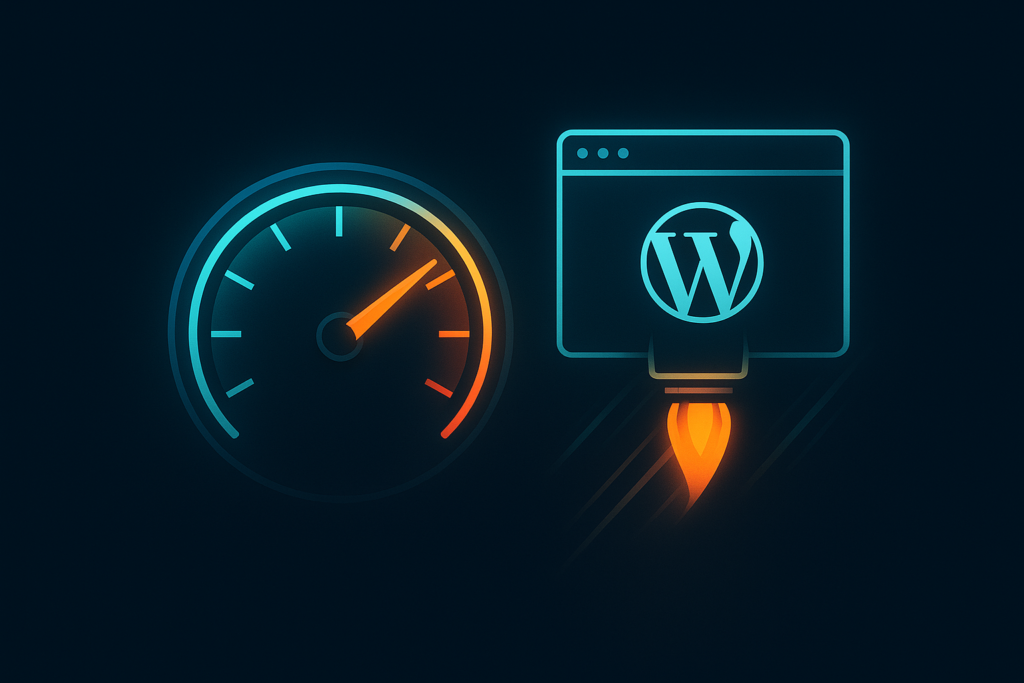 Glowing speedometer and a website launching like a rocket, representing fast WordPress page speed