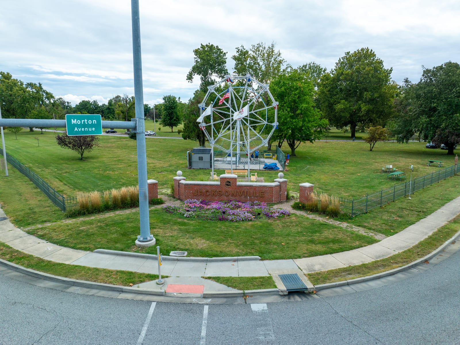 Drone photo of the Big Eli Ferris Wheel memorial plaza at the corner of Morton Avenue in Jacksonville Illinois