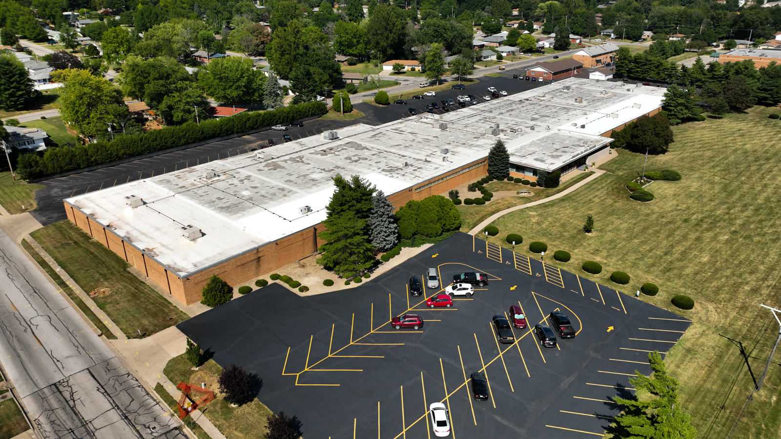 Aerial drone photo of the Bound To Stay Bound Books facility and roofline in Jacksonville IL