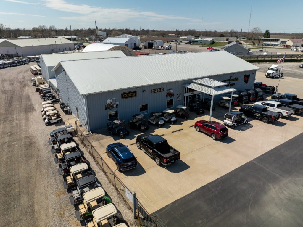 Battery Specialists + Golf Cars storefront in Taylorville IL — aerial drone photo by Elevated Ideas