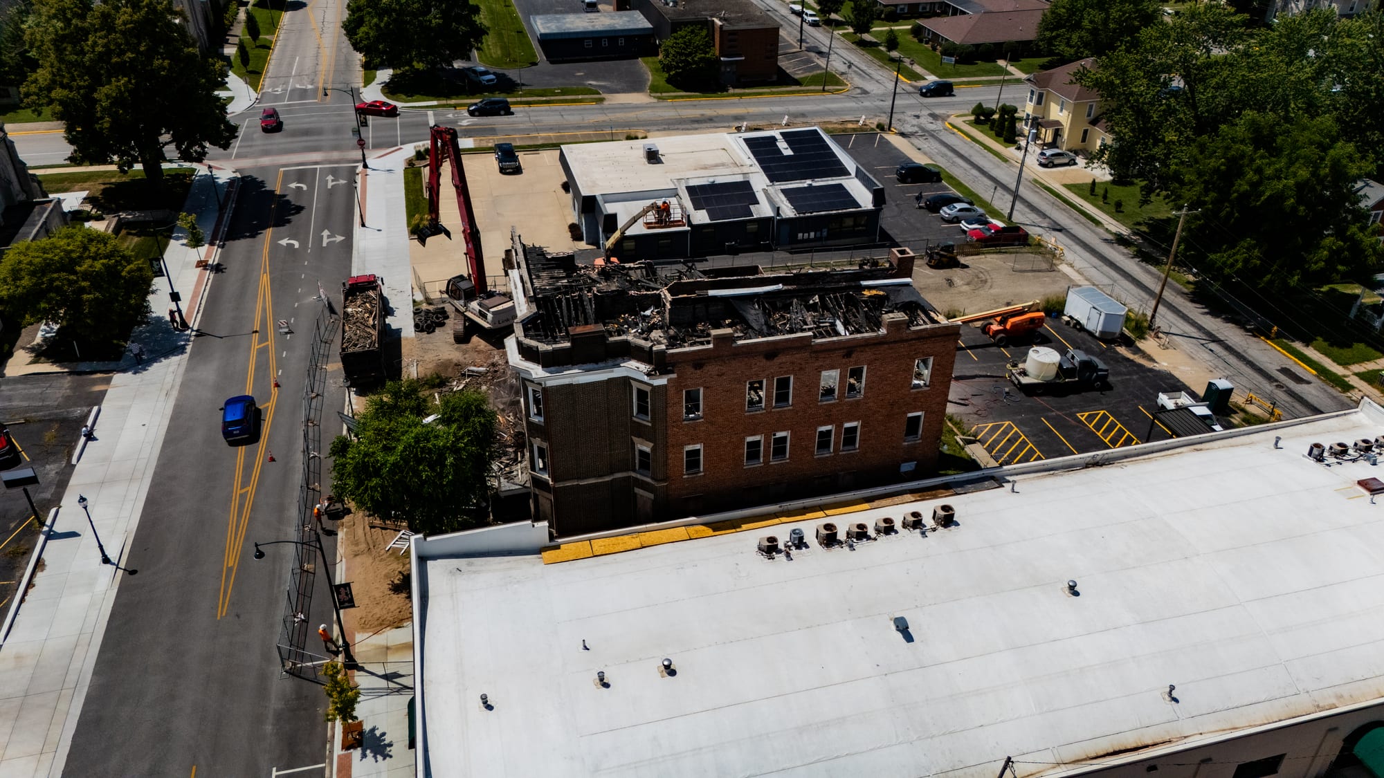 Drone photo looking down State Street at the Cherry Apartments demolition site in downtown Jacksonville Illinois