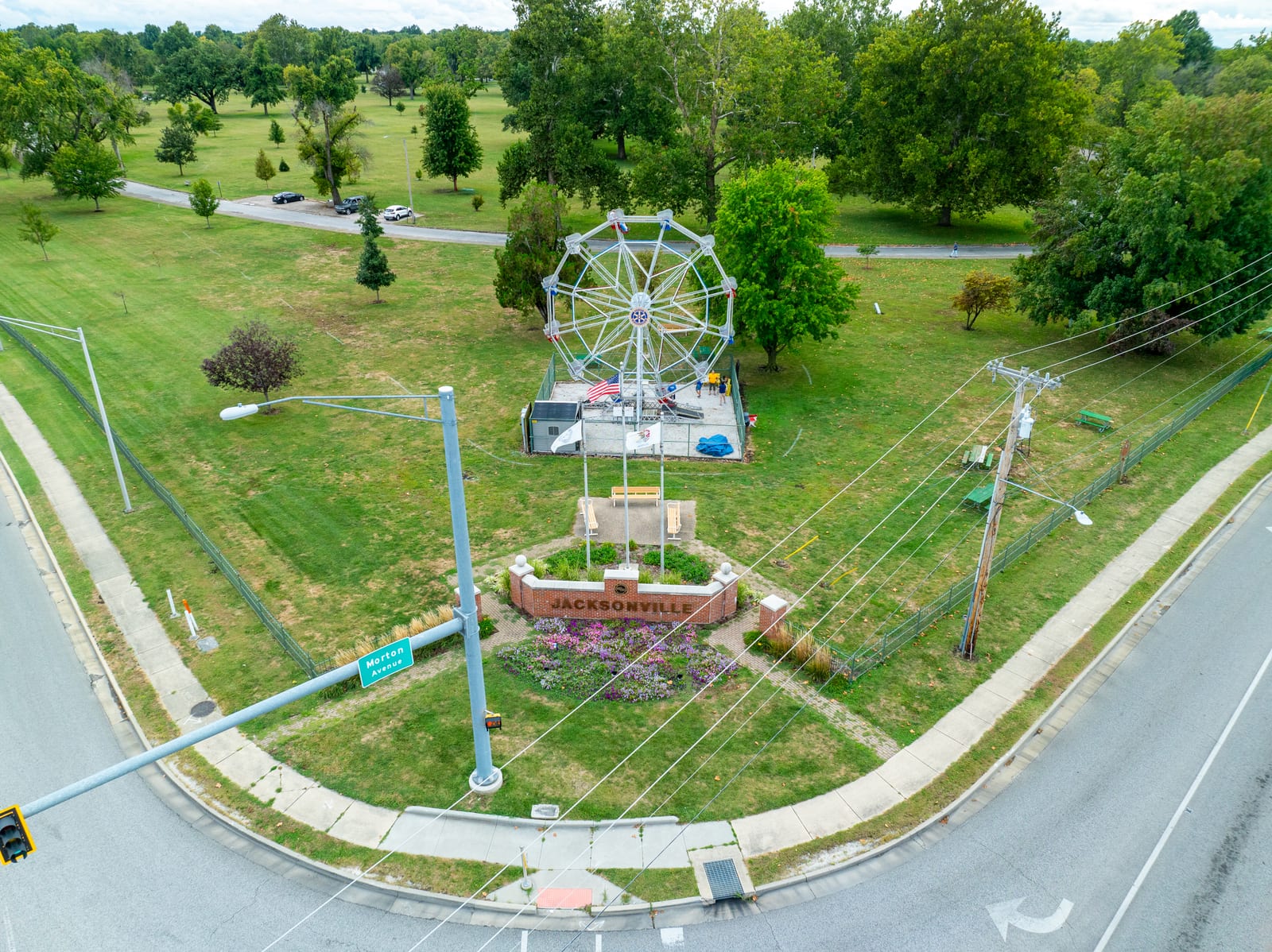 Aerial view of the Community Park entrance at Morton Avenue with the Big Eli Ferris Wheel, Jacksonville IL