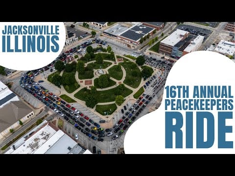 Aerial drone view of the PeaceKeepers Ride motorcycle procession in Jacksonville, IL