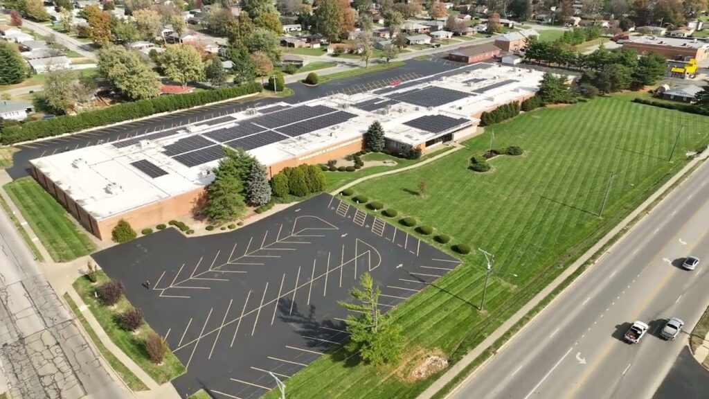 Aerial drone documentation of the solar installation at Bound To Stay Bound Books in Jacksonville IL