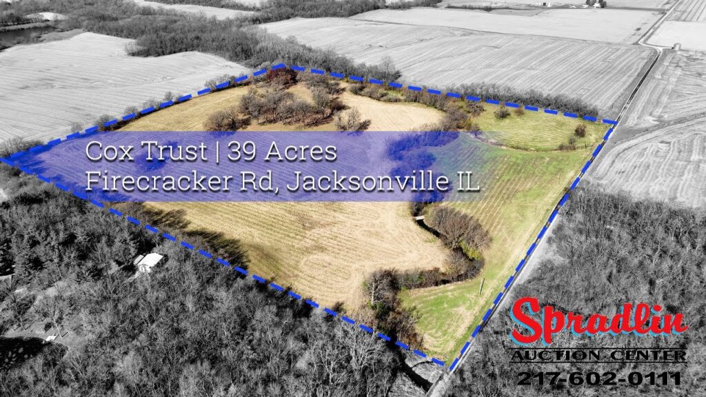 Aerial drone view of 39 acres of recreational land for sale near Jacksonville, Illinois
