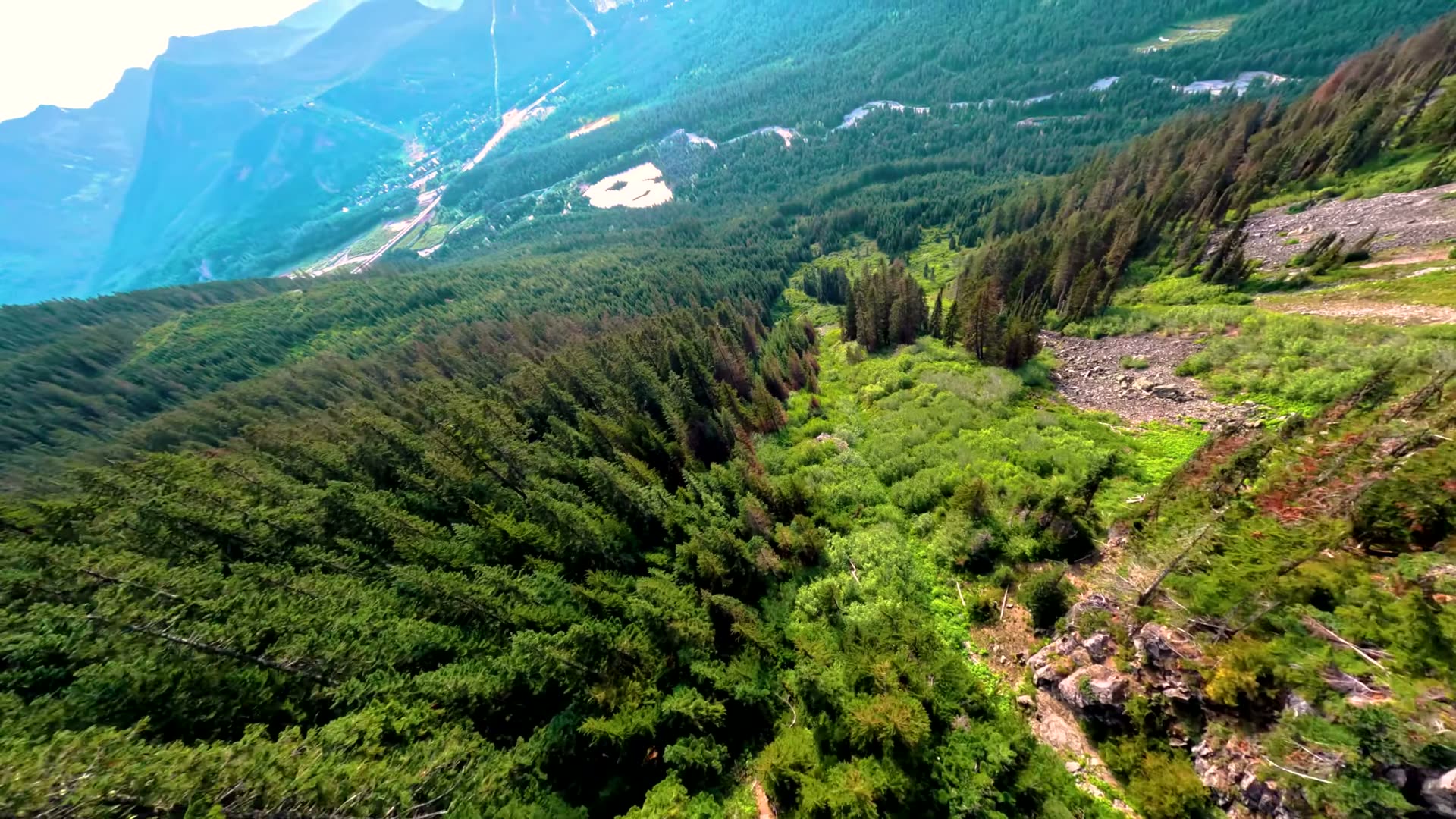 Aerial view of the forested Gold Creek Valley floor east of Snoqualmie Pass