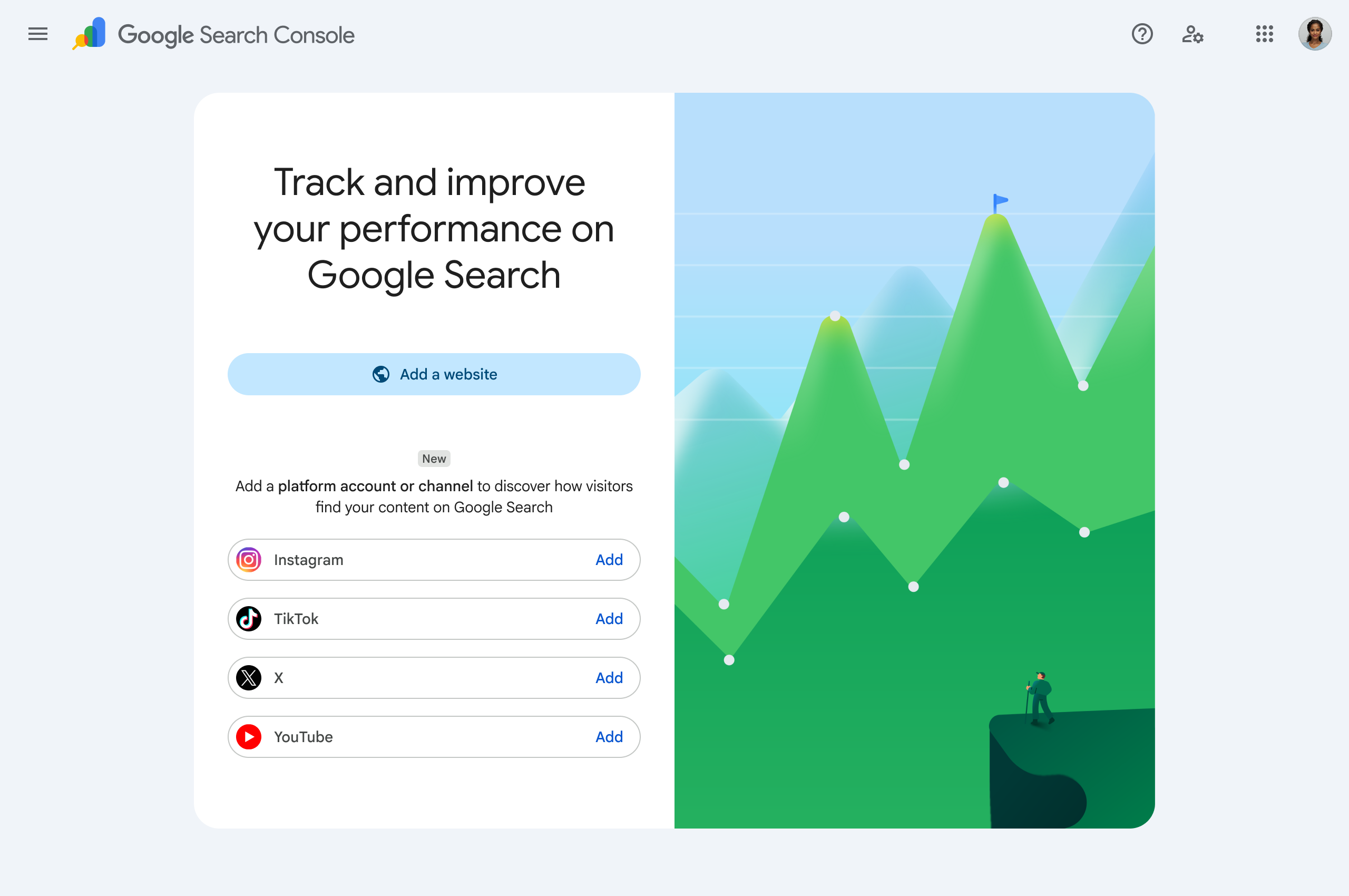 Google Search Console verification page with new platform account options for Instagram, TikTok, X and YouTube