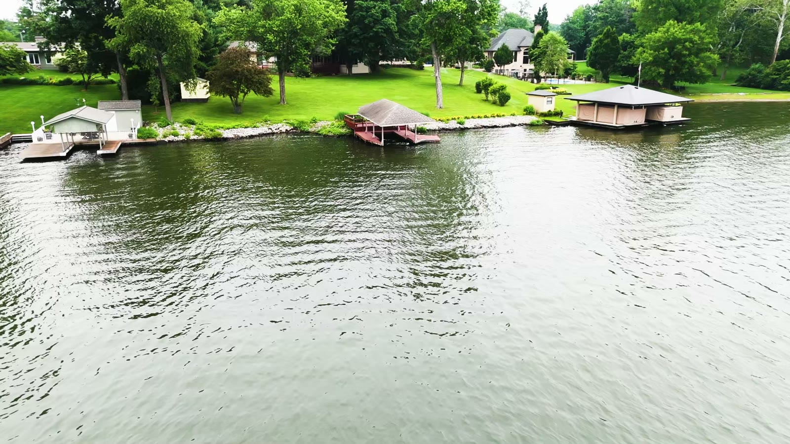Drone photo of boathouses and docks along the Lake Springfield IL shoreline