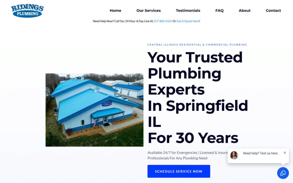 Ridings Plumbing website homepage built and powered by Elevated Ideas — Springfield, IL plumbing experts