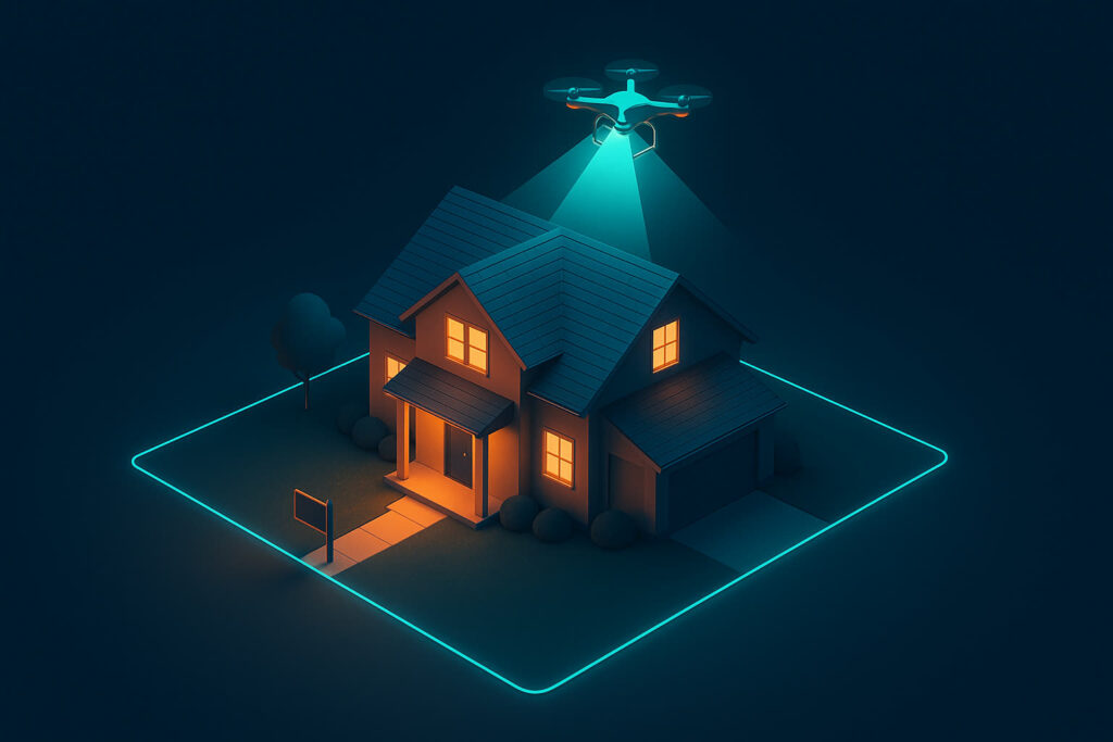 Aerial view illustration of a home on its lot with a drone photographing it and a for sale by owner yard sign, Jacksonville Illinois