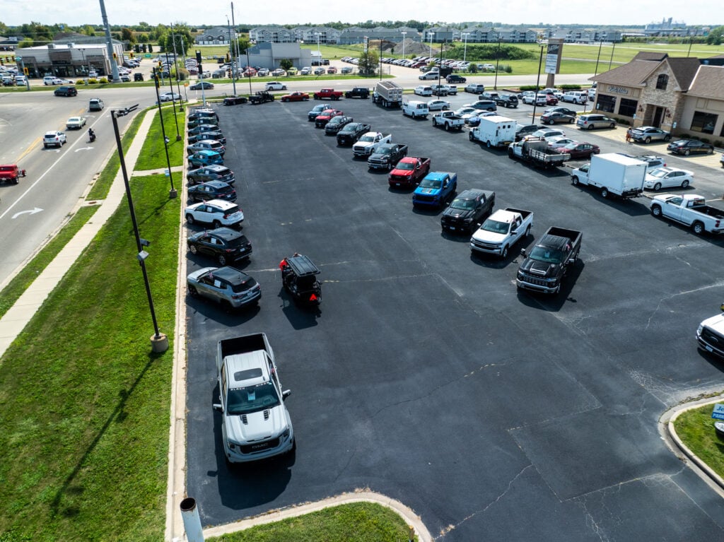 Aerial drone photo of the Smoky Jennings Springfield car dealership lot, captured by Elevated Ideas