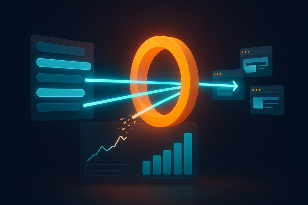 Illustration of search result links passing through a glowing orange redirect ring before reaching website icons, with a rank tracking chart breaking apart beside an intact bar chart
