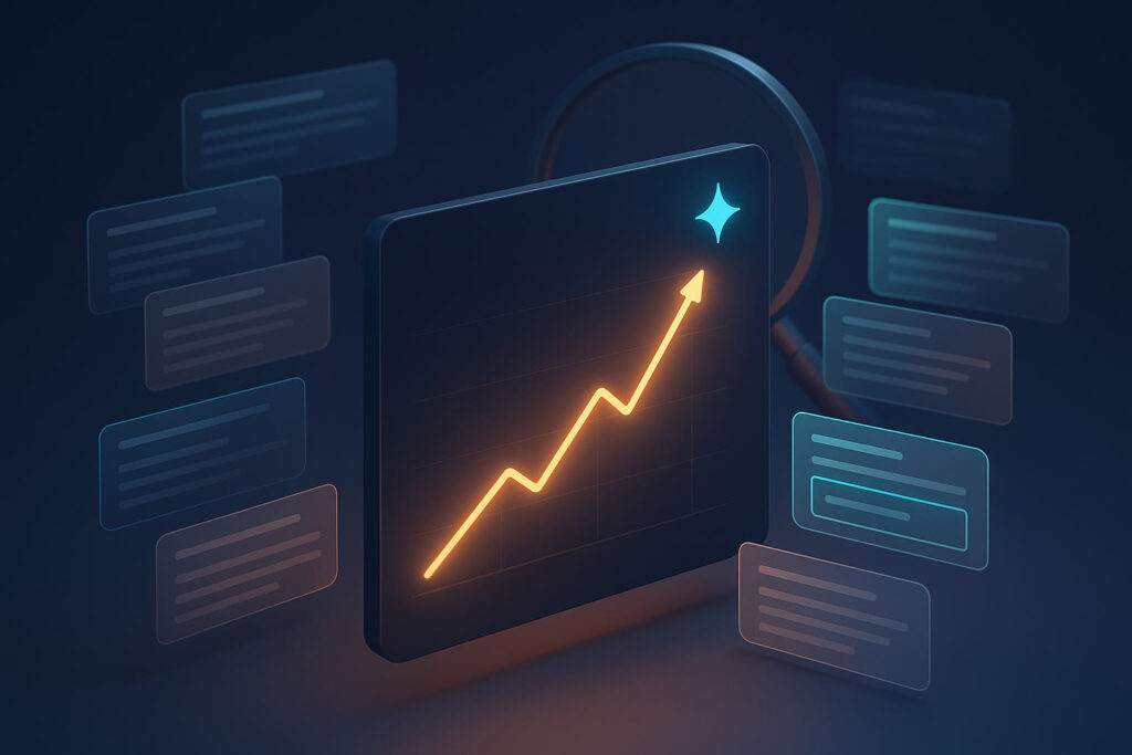 Illustration of an analytics dashboard with a glowing orange rising line chart and a teal AI sparkle icon, surrounded by floating search result cards with a few highlighted as AI citations
