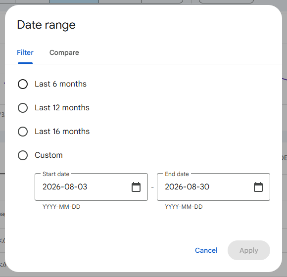 Date range dialog in the Generative AI report with Filter and Compare tabs, presets for 6, 12 and 16 months, and custom start and end date fields