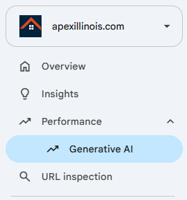 Google Search Console left navigation with Performance expanded and the new Generative AI report selected