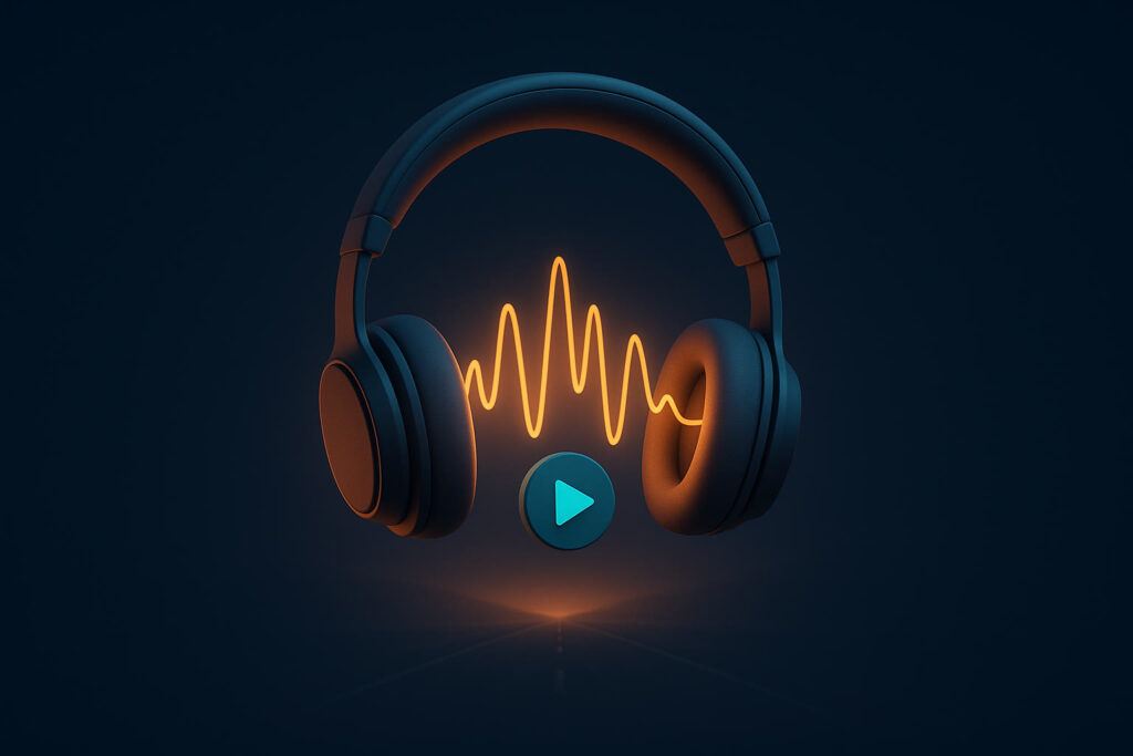 Illustration of glowing headphones with a warm orange audio waveform passing through them and a teal play button, over a dark road at dawn