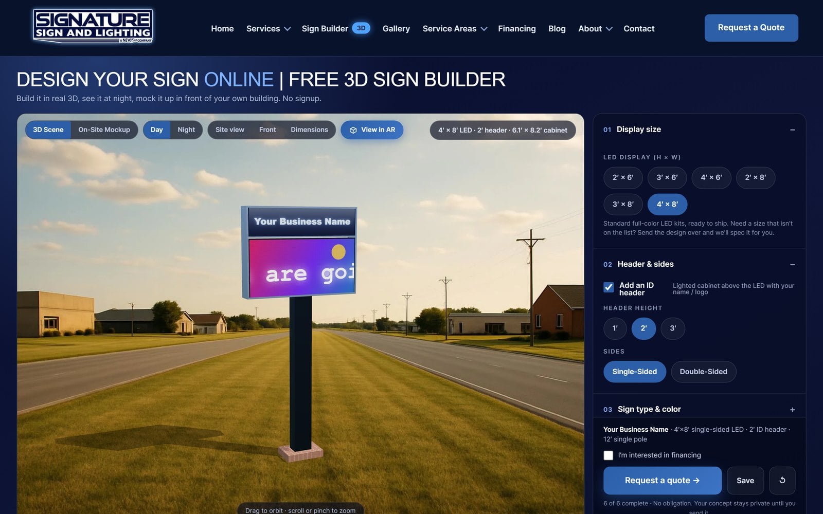 The 3D sign builder page on signaturesigns217.com with 3D scene, day and night, on-site mockup and View in AR controls