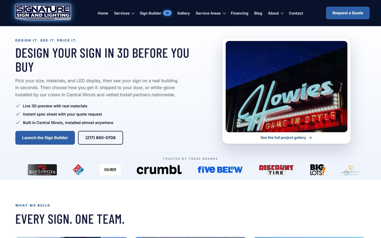 New signaturesigns217.com homepage built by Elevated Ideas, with the design-it-in-3D hero and live builder demo