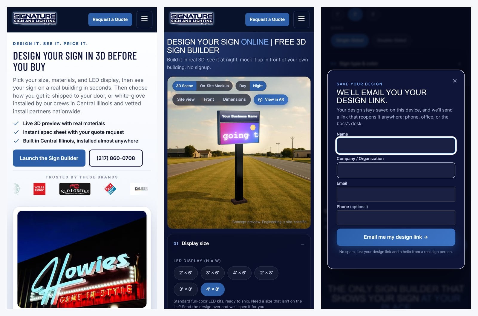 Mobile views of signaturesigns217.com: homepage, the 3D builder at night, and the save-your-design form