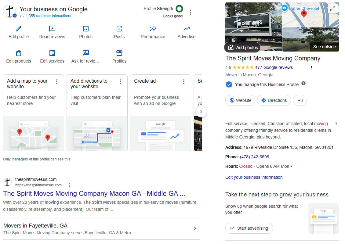 The Spirit Moves Moving Company Google Business Profile in Macon GA with a 4.9 star rating and 477 reviews