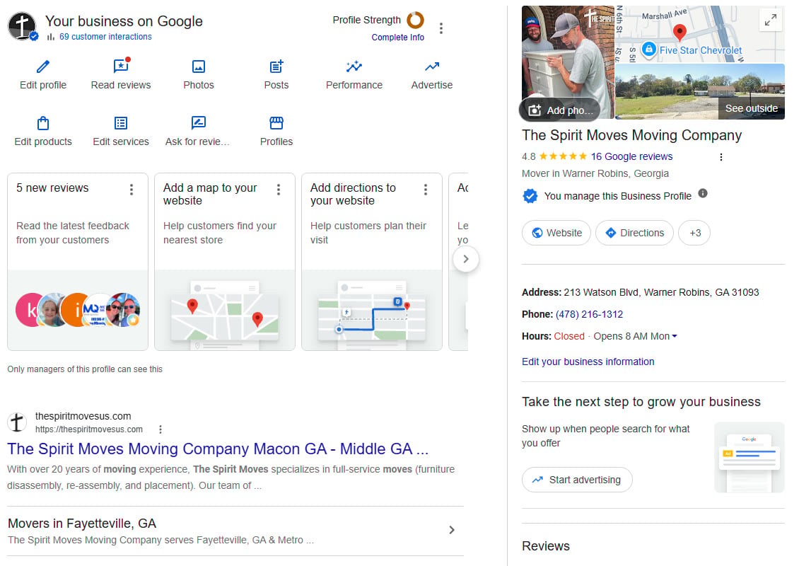 The new Warner Robins GA Google Business Profile for The Spirit Moves with its own CallRail tracking number