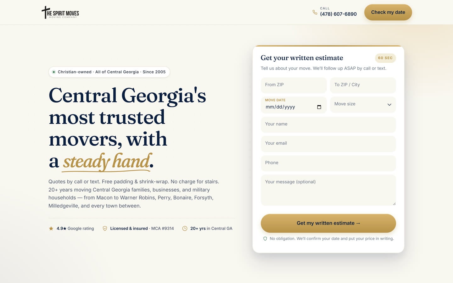 Google Ads landing page for Central Georgia movers on go.thespiritmovesus.com with a 60-second written estimate form