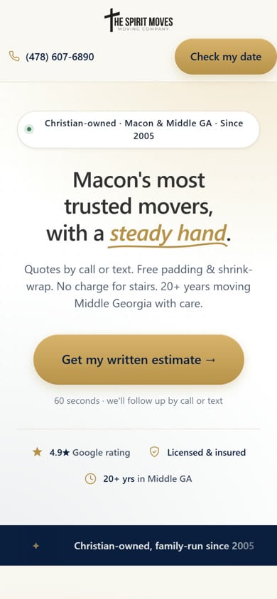 Mobile view of the Spirit Moves Google Ads quote lander with click-to-call tracking number