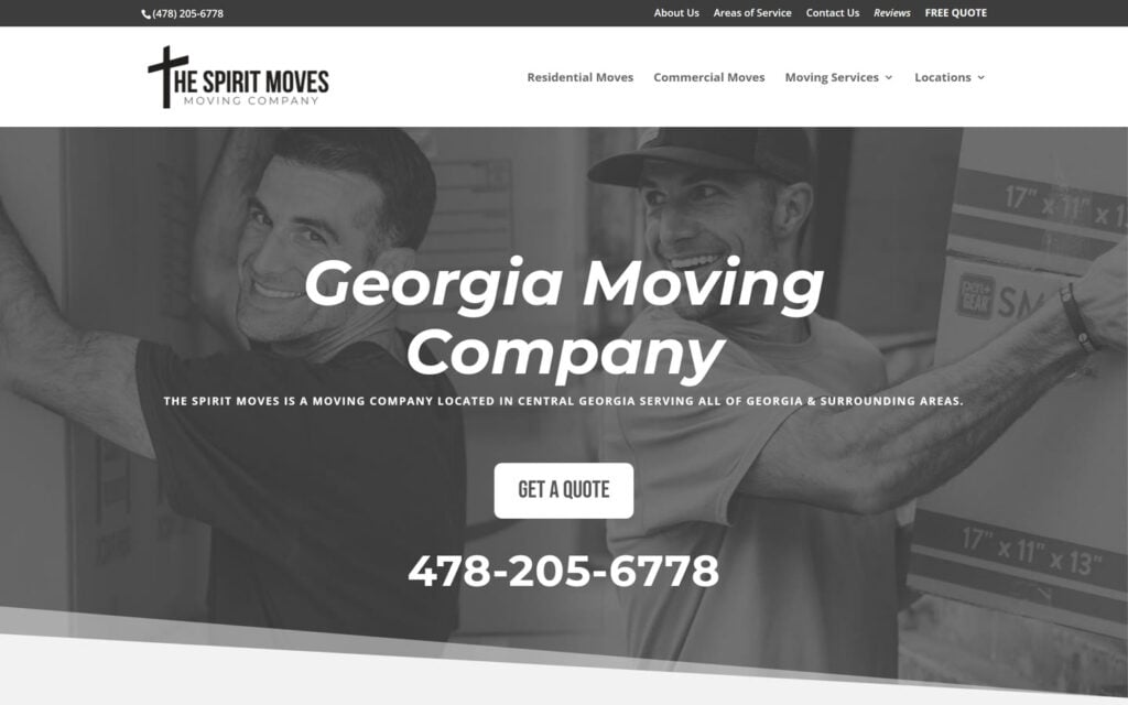The Spirit Moves Moving Company homepage on thespiritmovesus.com after the domain consolidation by Elevated Ideas