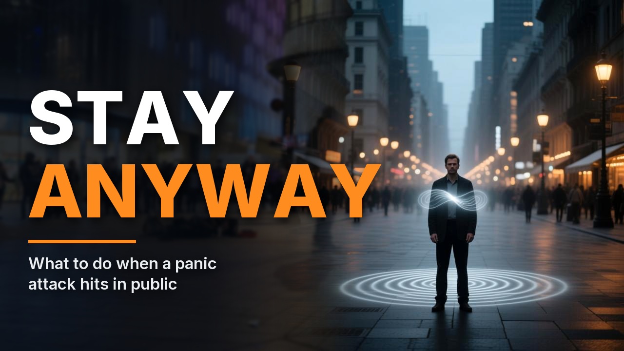 Stay Anyway lyric video thumbnail: a man standing still in a crowded city street inside a glowing ripple