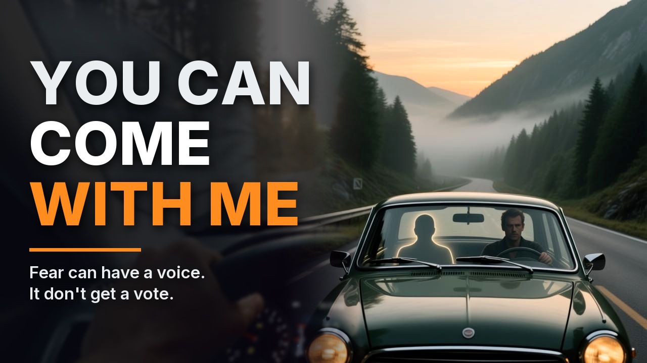 You Can Come With Me lyric video thumbnail: a driver at dusk with a glowing translucent passenger beside him