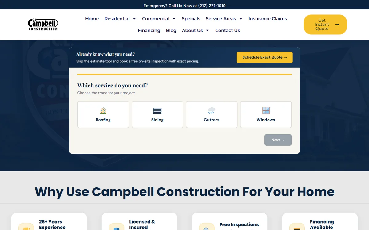 The instant roof quote tool on the C.L. Campbell Construction website