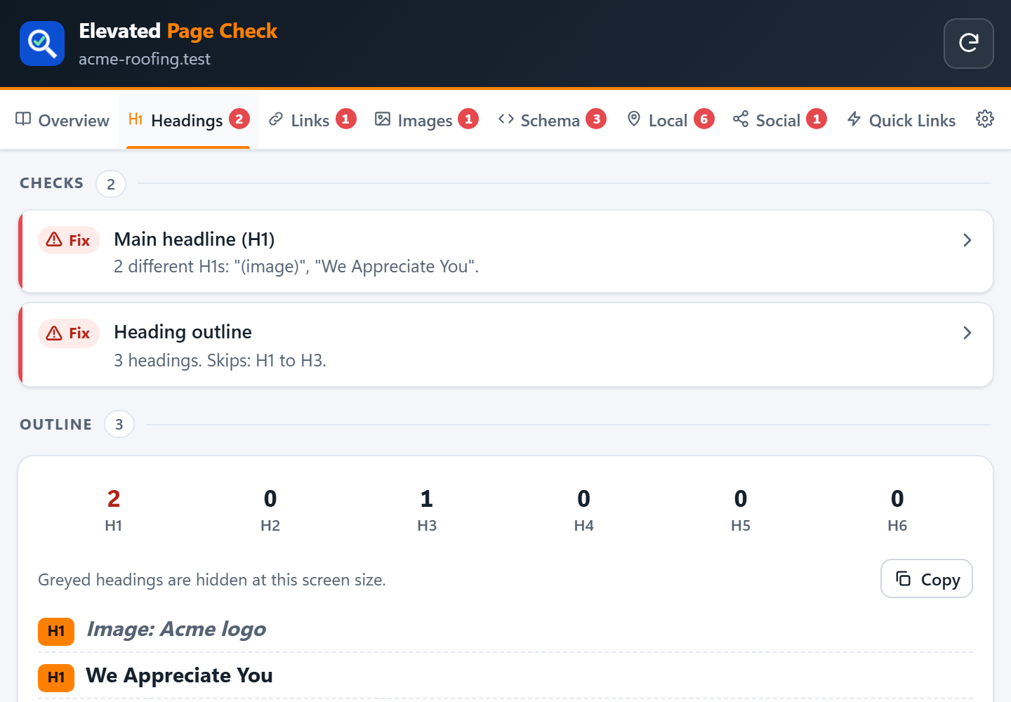 The Headings tab with the heading outline of a sample page