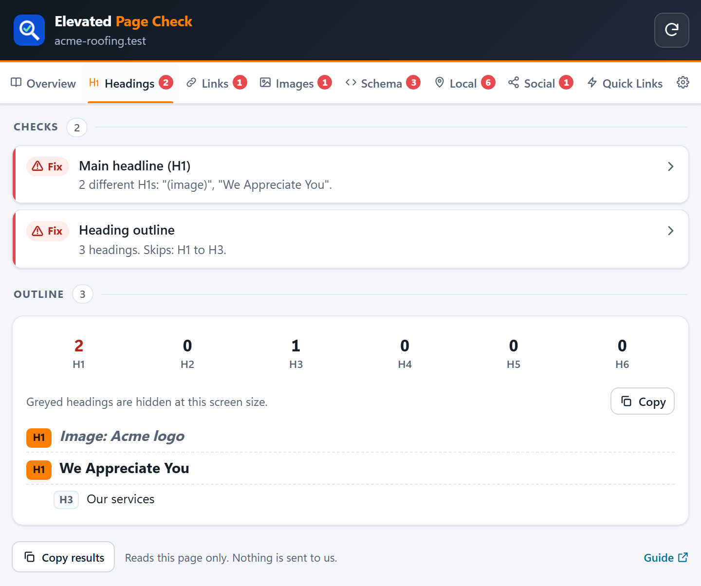 The Headings tab with the heading outline of a sample page