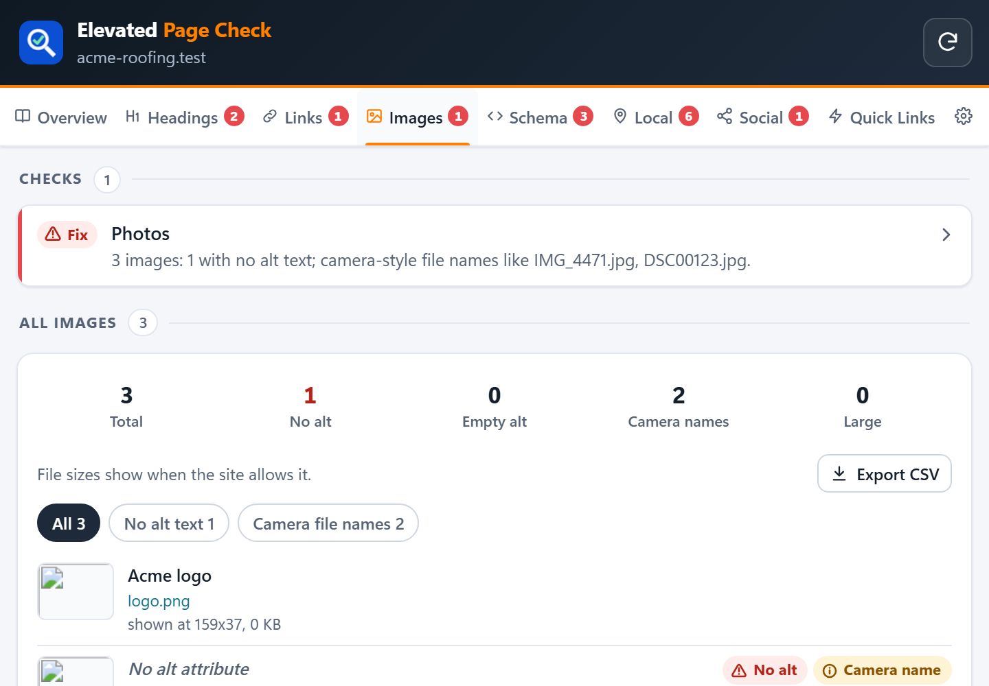 The Images tab with thumbnails, alt text and file sizes for a sample page
