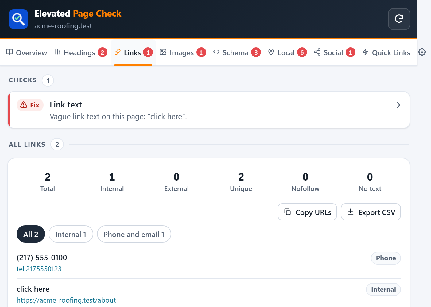 The Links tab with counts, filters and the list of links on a sample page
