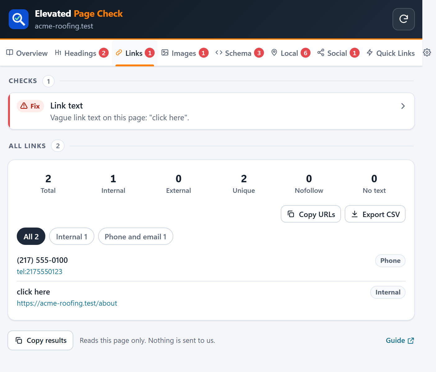 The Links tab with counts, filters and the list of links on a sample page