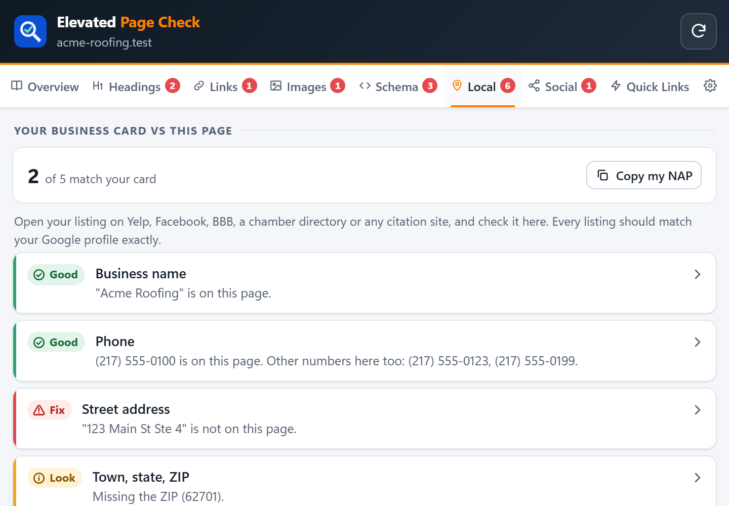 The Local tab comparing a saved business card with a sample listing